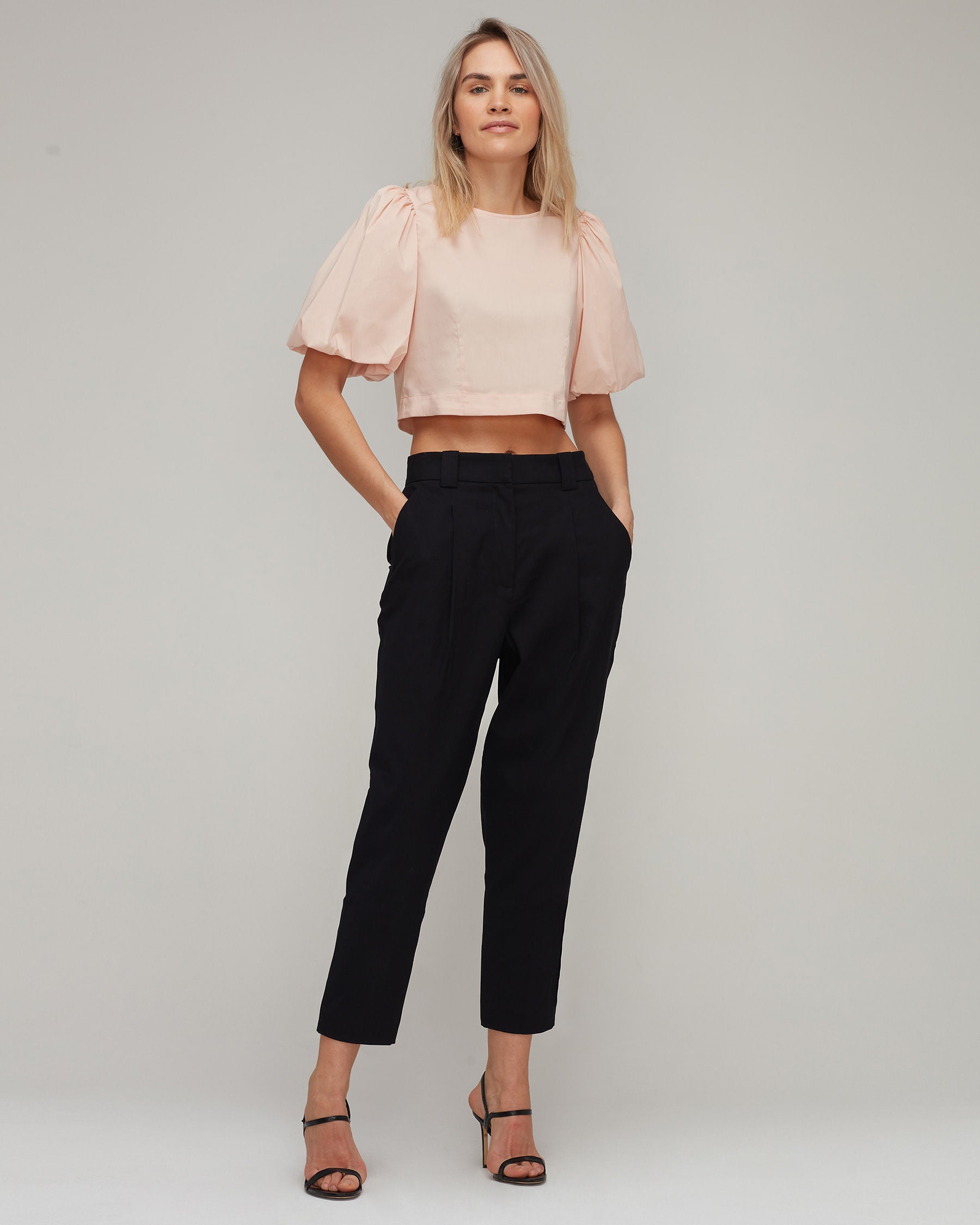 Stretch Cotton Cropped Puff Shoulder Top