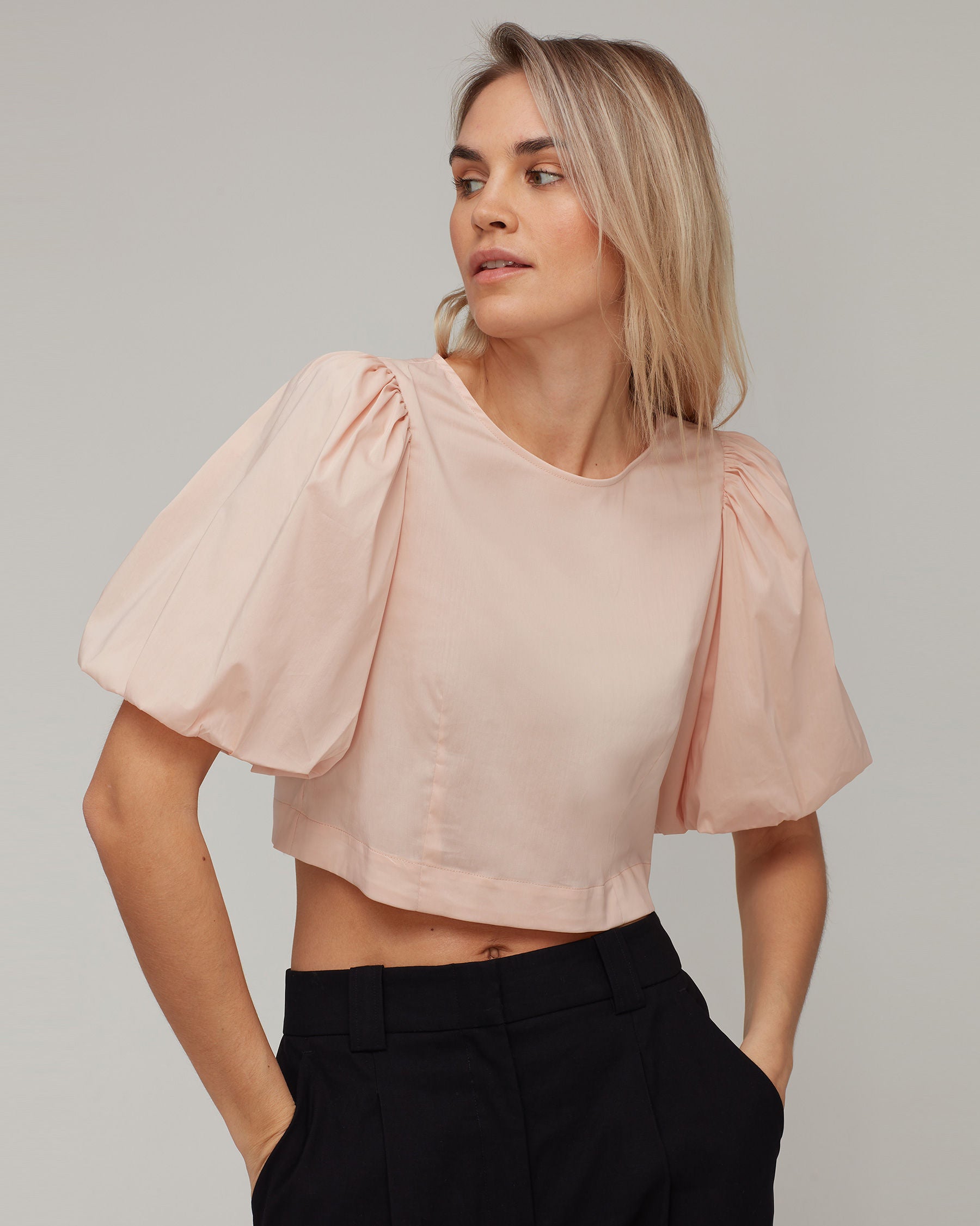Stretch Cotton Cropped Puff Shoulder Top