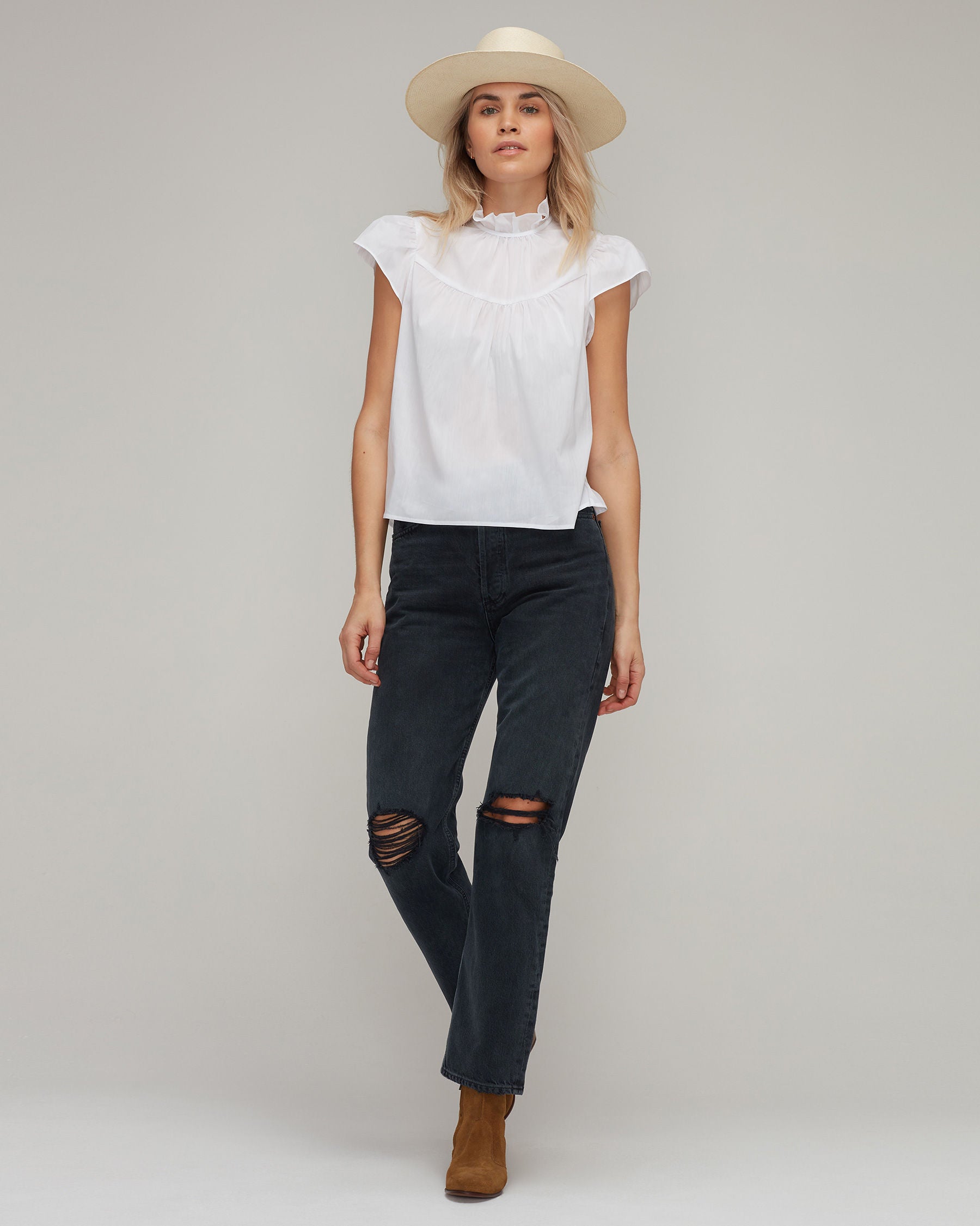 Stretch Cotton Cap Sleeve Ruffle Top