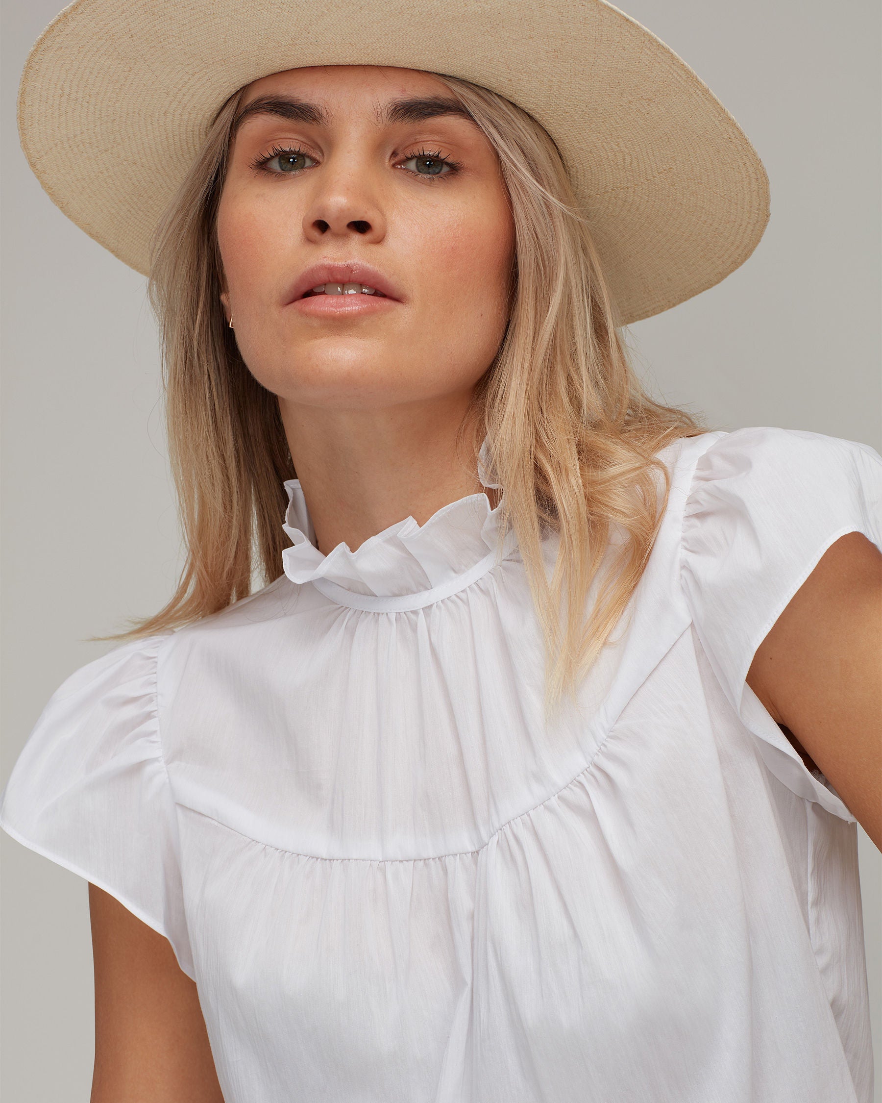 Stretch Cotton Cap Sleeve Ruffle Top