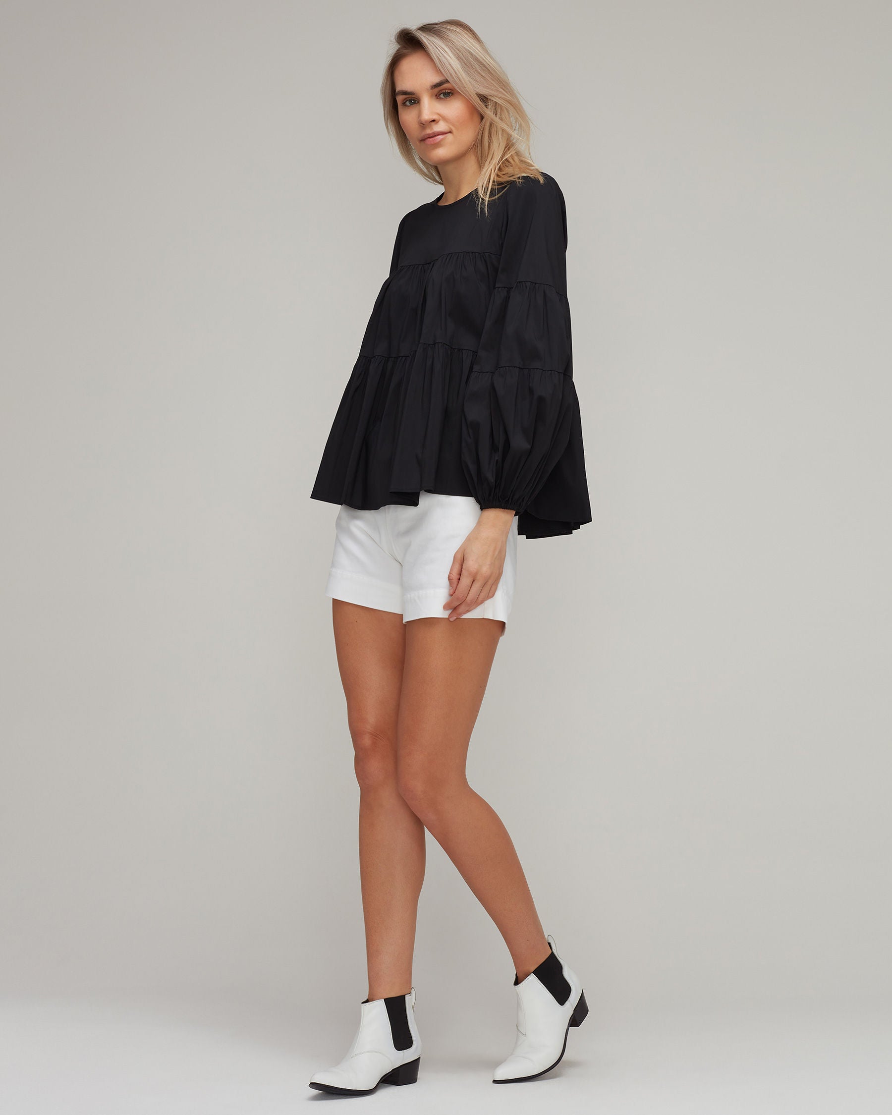 Stretch Cotton Puff Sleeve Ruffle Top