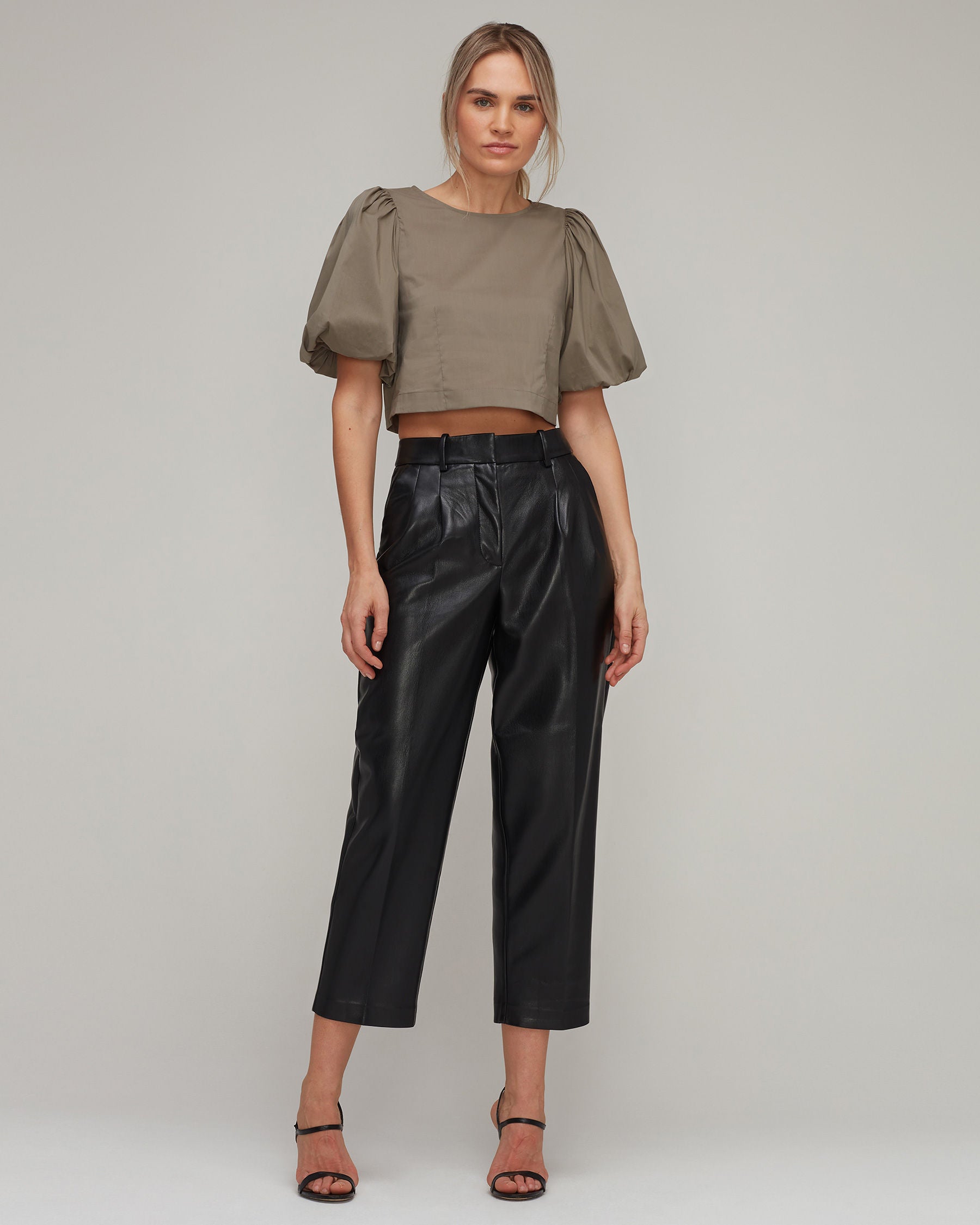 Stretch Cotton Cropped Puff Shoulder Top