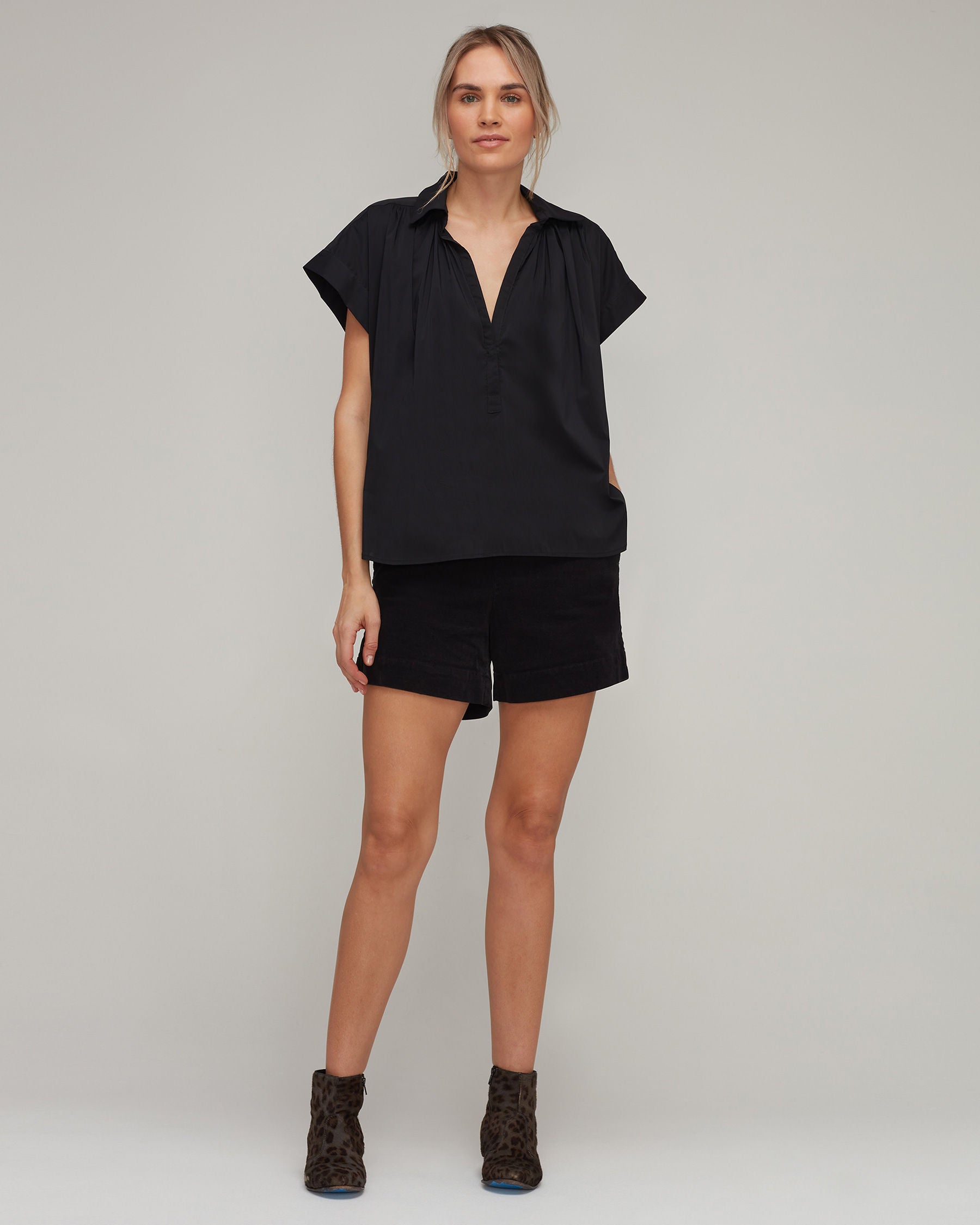 Stretch Cotton Short Sleeve Collared V-Top